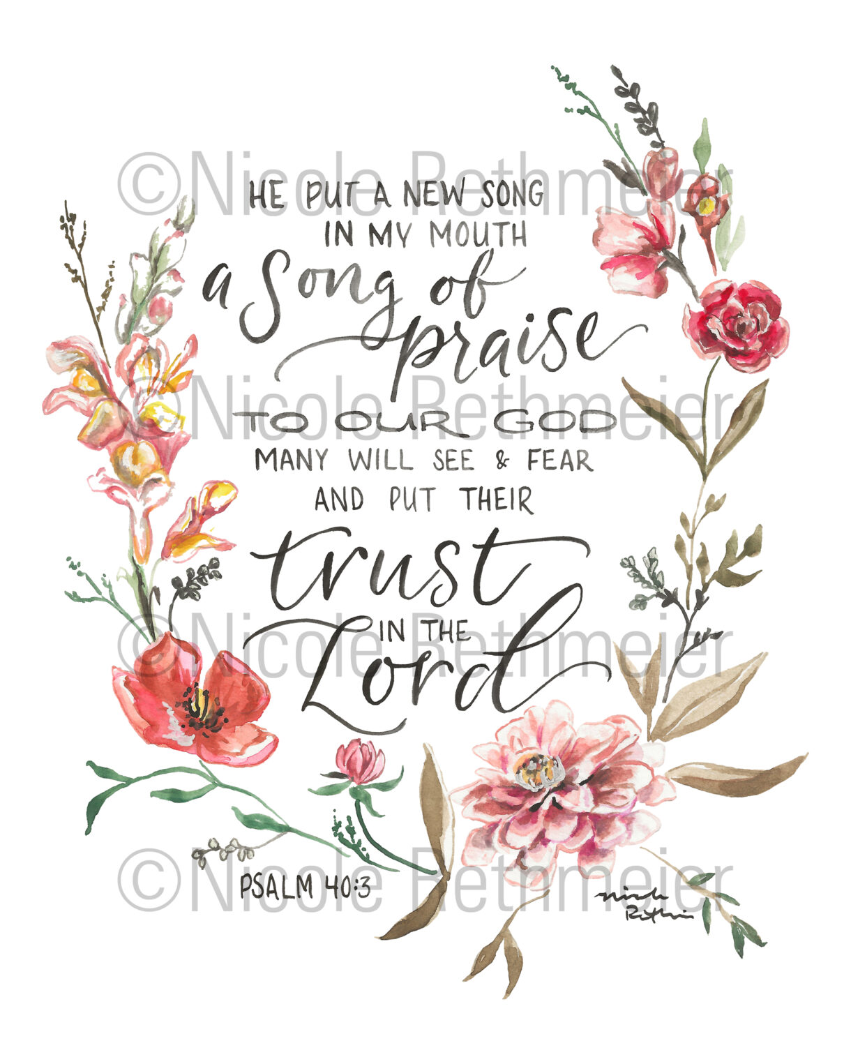 He Put A New Song In My Mouth Psalm 40:3 Watercolor Print