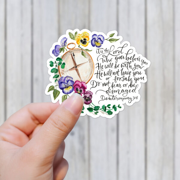 Pansies and Compass Verse watercolor sticker - Deuteronomy 31:8