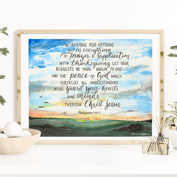 Be Anxious For Nothing watercolor print - Philippians 4:6-7, handlettering Bible verse, Kansas landscape