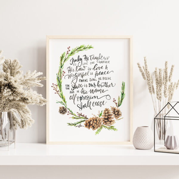 O Holy Night, Watercolor Christmas pinecone wreath, Handlettering hymn quote