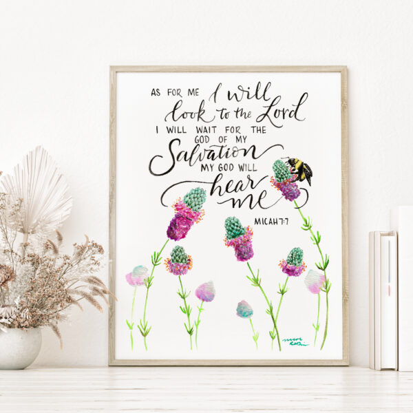 I Will Look to the Lord, Prairie clover and bee Scripture Verse watercolor print - Micah 7:7