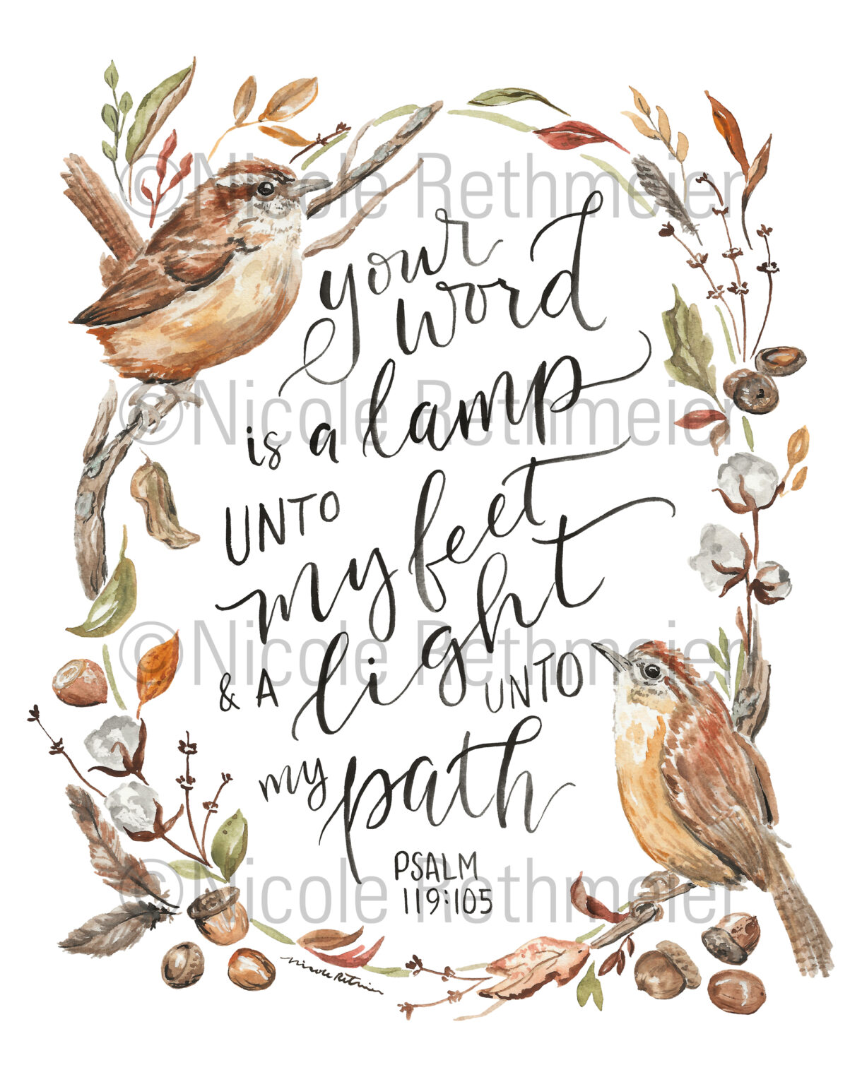 Your Word is a Lamp Psalm 119:105 - Carolina wren and fall foliage watercolor