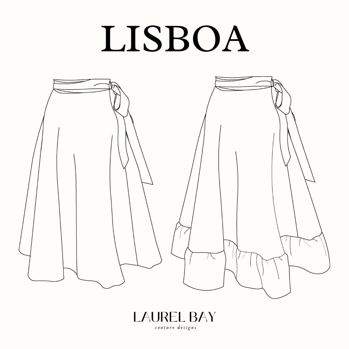 simple outline sketch of the LISBOA wrap skirt sewing pattern showing the ruffle version and the regular version