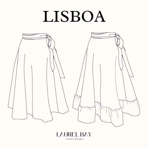 simple outline sketch of the LISBOA wrap skirt sewing pattern showing the ruffle version and the regular version