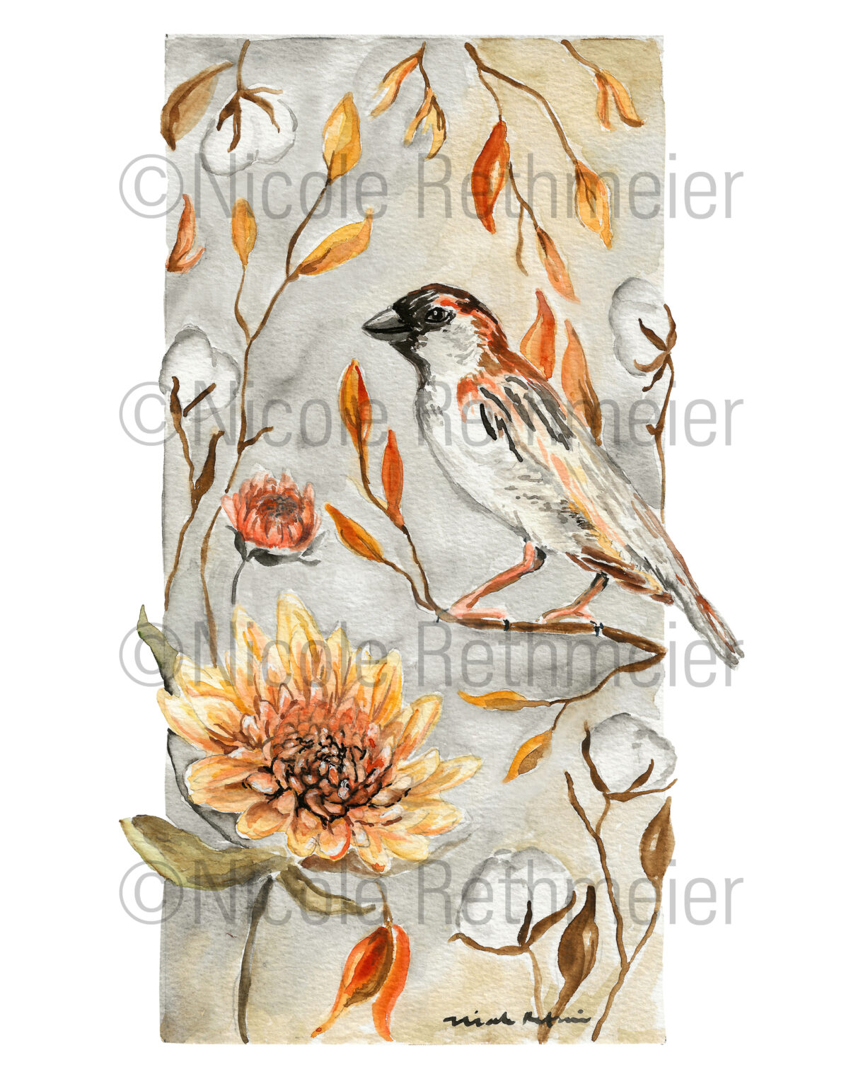 His Eye Is On The Sparrow Watercolor print - Sparrow and fall foliage watercolor wall art