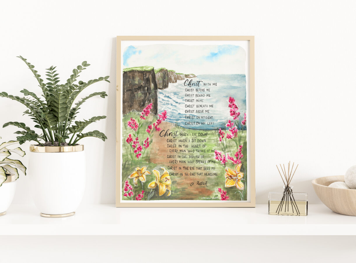 St. Patrick Prayer and Cliffs of Moher Print, Watercolor calligraphy art print