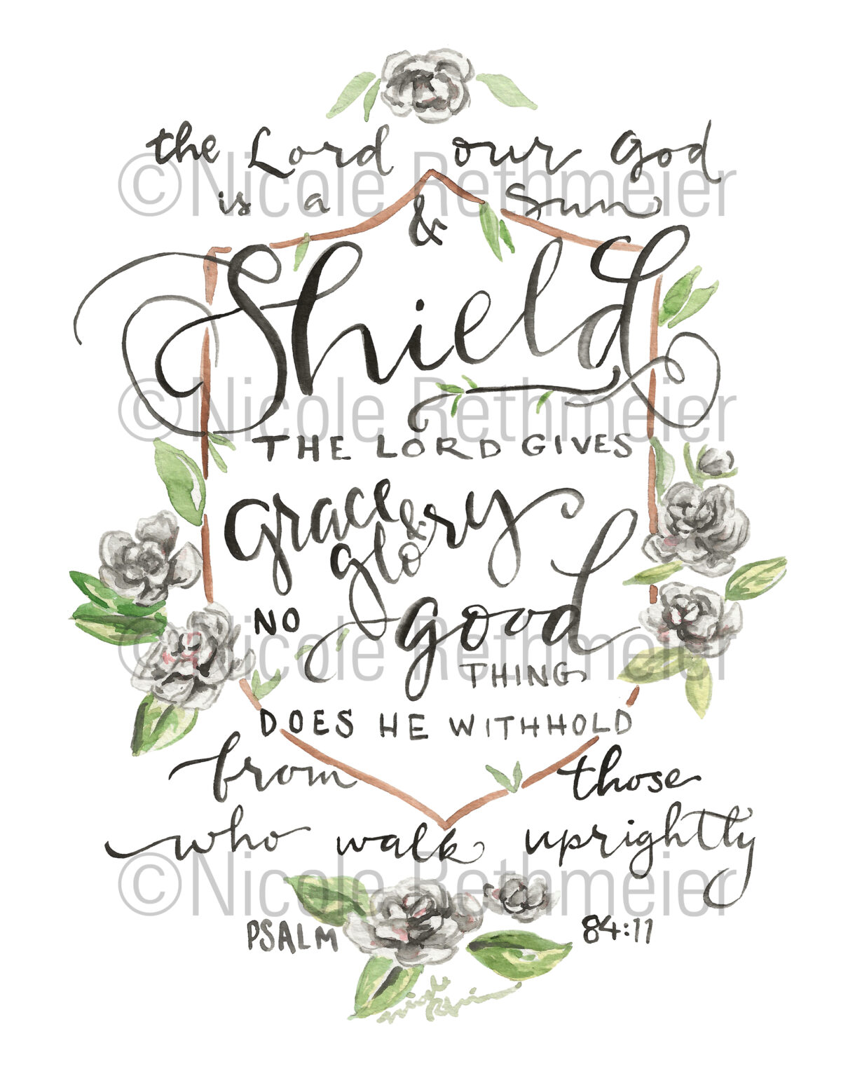 Sun and Shield watercolor Christian art print - Psalm 84:11 calligraphy Bible verse