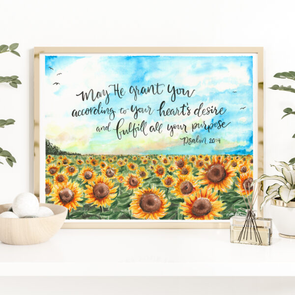 Sunflower Field watercolor print - Psalm 20:4, Calligraphy Bible verse, grad gift