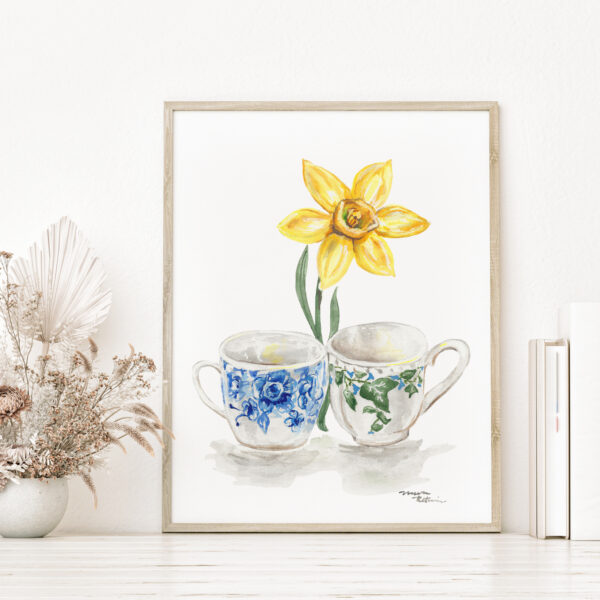 Watercolor daffodil and teacups art print, birth month flowers - March