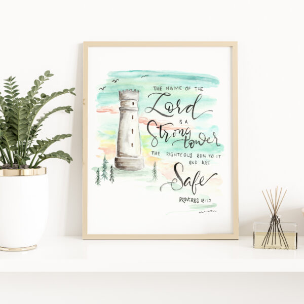 Tower Scripture Verse inspirational watercolor print - Proverbs 18:10