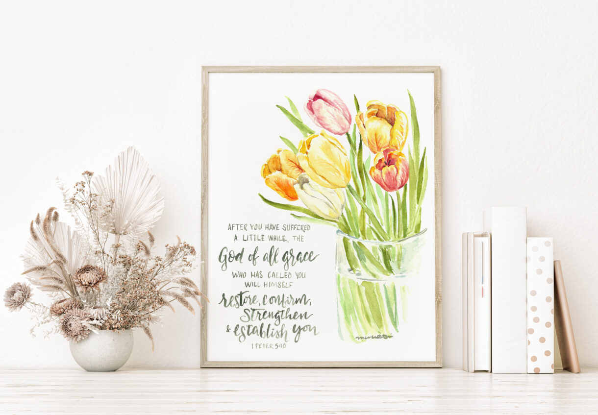 Tulips Scripture Verse inspirational watercolor print - 1 Peter 5:10