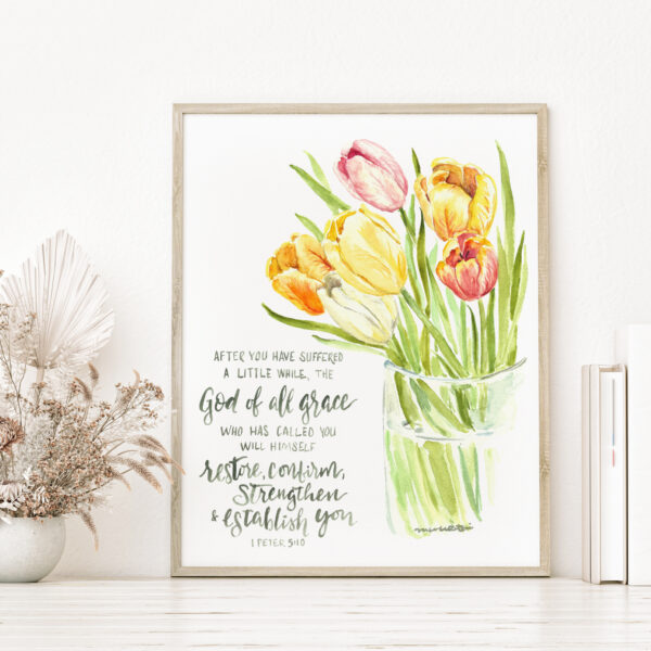 Tulips Scripture Verse inspirational watercolor print - 1 Peter 5:10