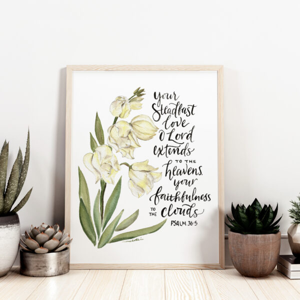 Watercolor Yucca flowers, Psalm 36:5 - Botanical Art